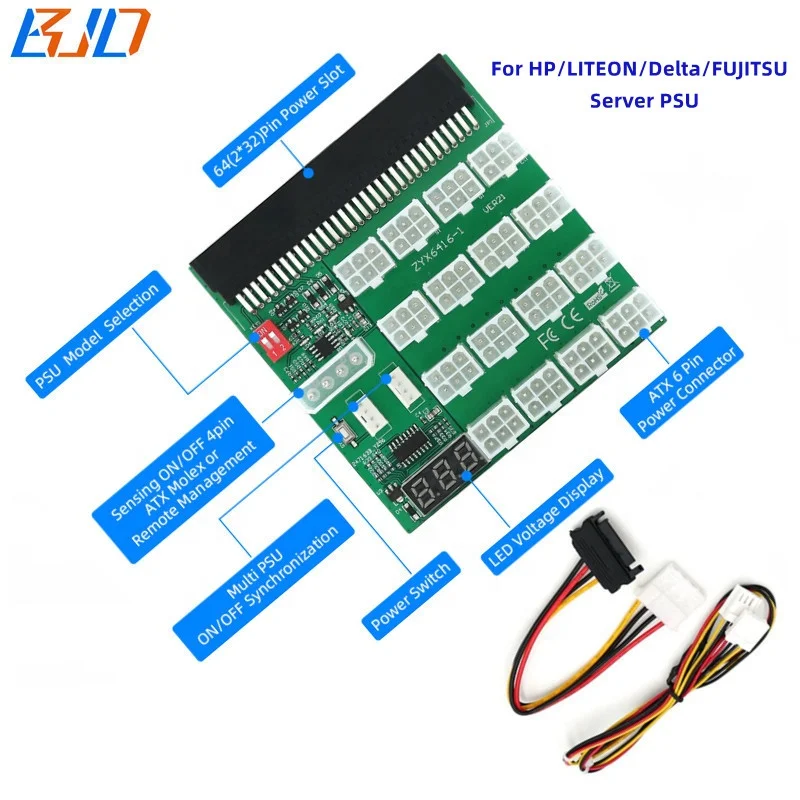 

16 Port ATX PCIE 6Pin Breakout Board with 4-Pin Synchronization Connector For HP LITEON Delta FUJITSU Server Power Supply, Green