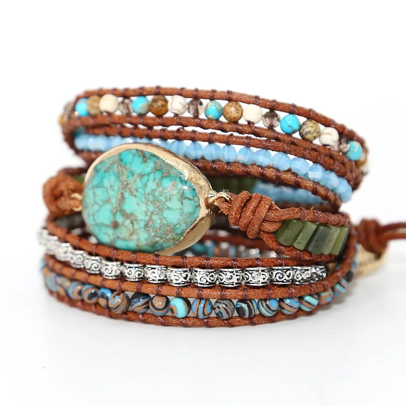 

Creative Natural Stone Bead Braided Leather Bracelet Bohemia Multilayer Braided Rope Bracelets for Women