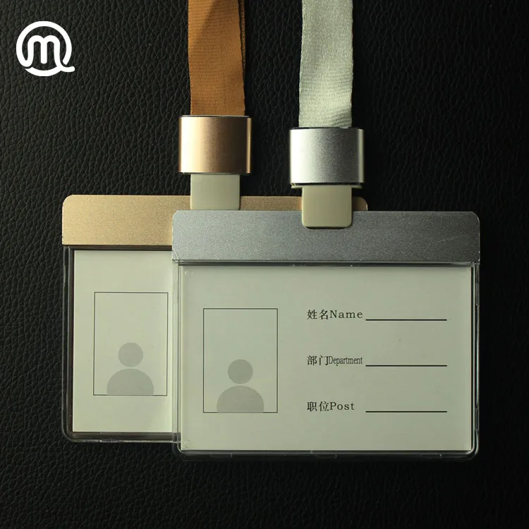 

3-1/2" x 3" Horizontal acrylic clear photo ID card holder with metal slot cover and lanyard, Gold,silver