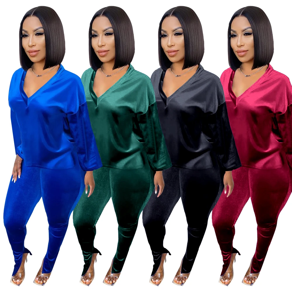 

wholesale trousers slits velour lady tracksuit sweatsuit 2 piece set clothing vintage sweat suits for women