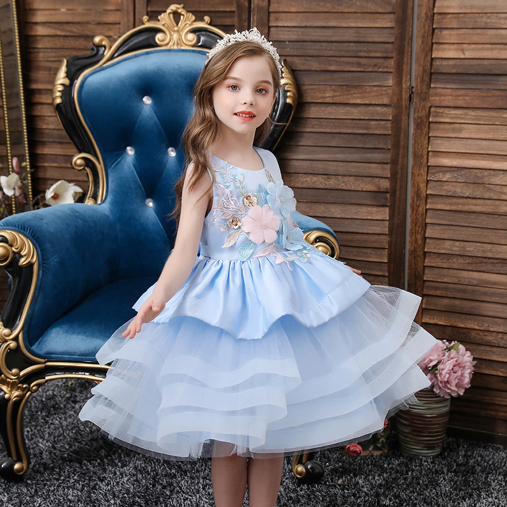 

Summer applique kids party dress elegant and cute baby girl dresses party multi-layer mesh kids dress princess