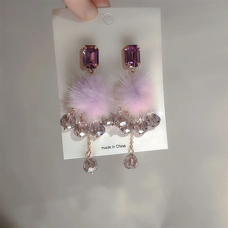 

Beautiful Crystal Rhinestone Fur Ball Earrings Pink Blue Diamond Tassel Furzzy Pom Pom Earrings, Picture shows/custom color