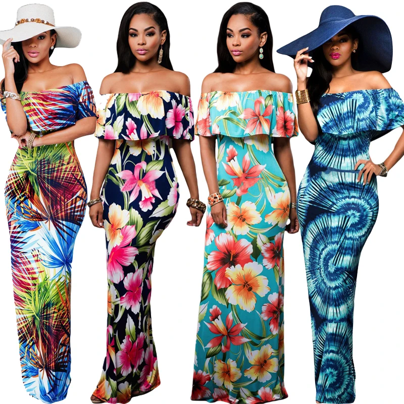 

Hot Sale High Quality Fashion Women Ladies Elegant Printing Off Shoulder Long Maxi Casual Dress, Customized womens casual dress
