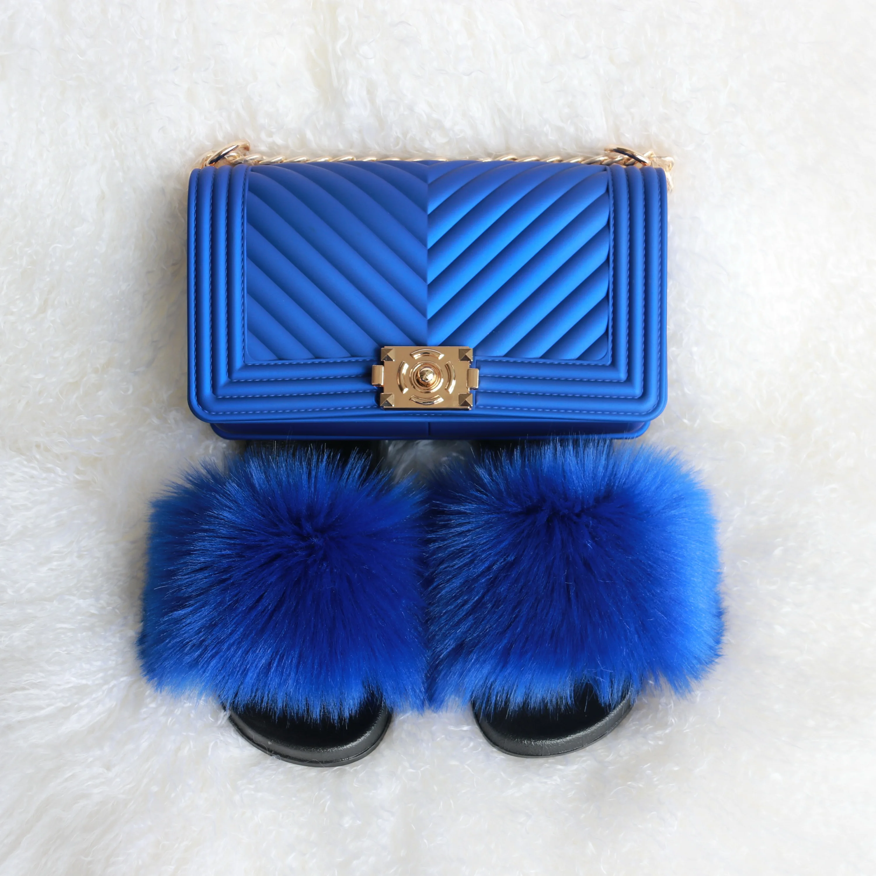 

women fashion fur slides with matching bags