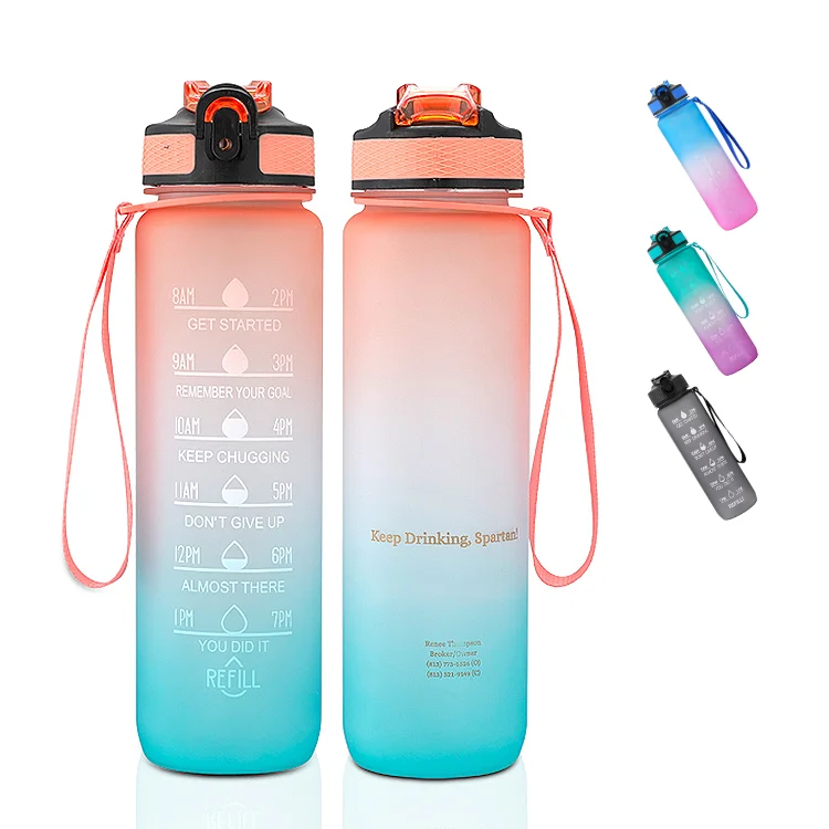 

32 oz ecozen sk BPA free time marker frosted plastic motivational fitness water bottle with straw lid, Customized color