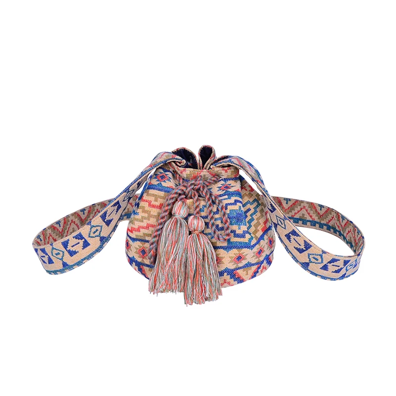

Fashion leisure lady bag wear rope chain single-shoulder bag ethnic style weaving straw bucket bag, Blue multi