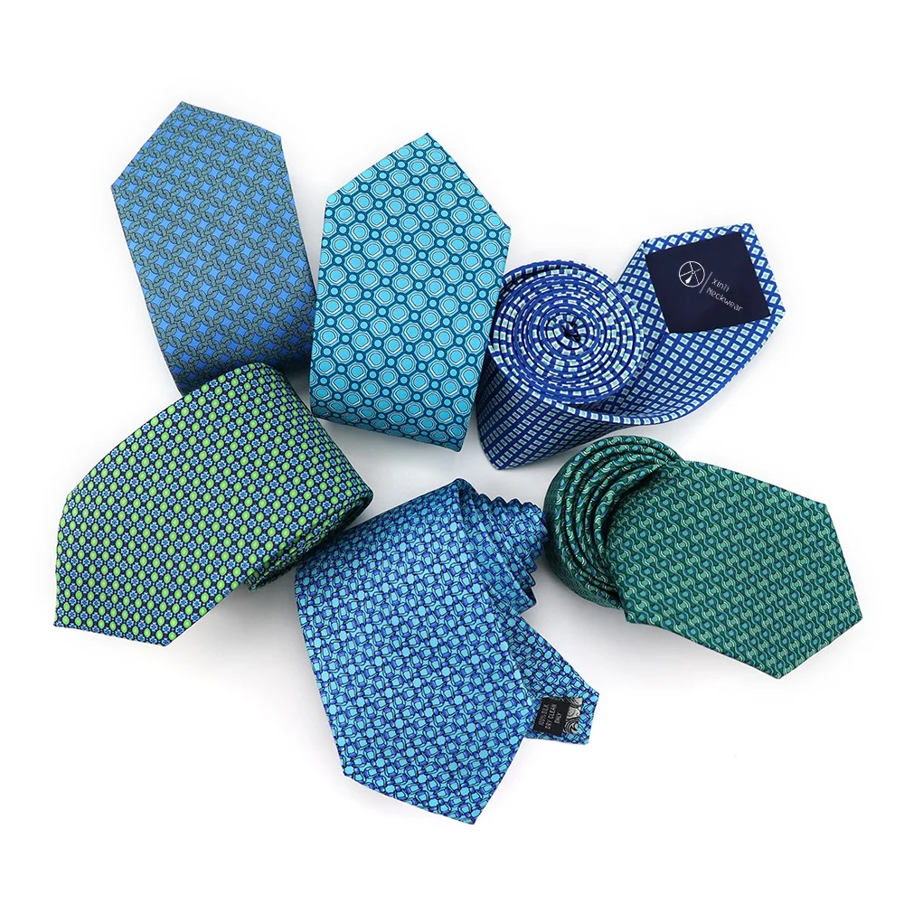 

XINLI Factory Delivery Business Geometric Ties Blue Green Hand Made Printed Tie Fashion Custom Italian Silk Neck Ties for Men
