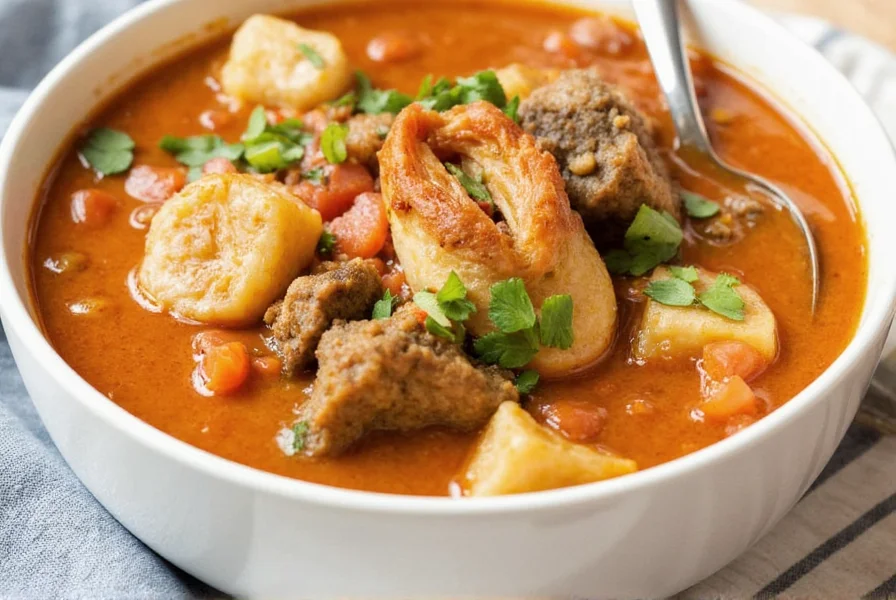 Bowl of stew served with crusty bread and a glass of wine
