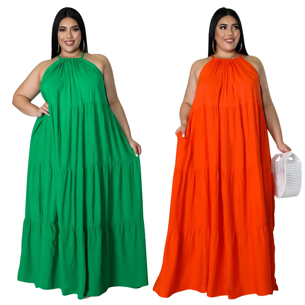 

Plus Size Sexy Suspenders Solid Long Dress High Waist Midi Skirt Summer Top Selling Boho Casual Dresses, Green,orange