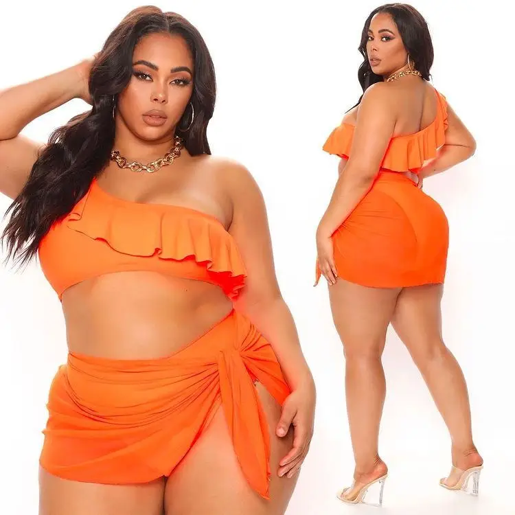 

2021 New Arrivals Fat Women Sexy Orange Color Three Piece Swimsuit Sets Plus Size XXXXXL Ladies Bikini Sets with Scarf