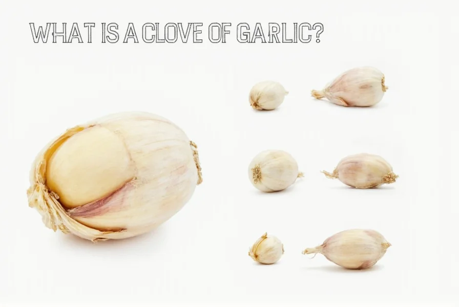 Visual demonstration showing one whole garlic clove next to its minced equivalent in a measuring spoon