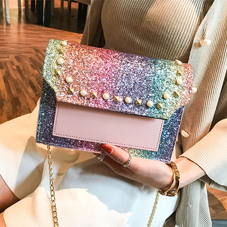 

Wholesale Gradient Glitter Chain Purse Square Box Pearl Rivet Bag Bling Handbags Women Mini Sequin Bags