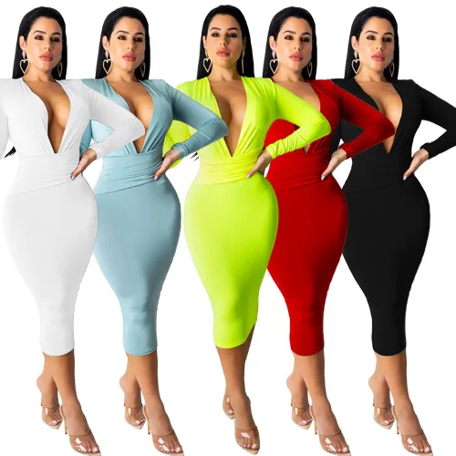 

2021 New Wholesale fashion pure color fall 2020 women clothes long sleeve dress women bodycon dress