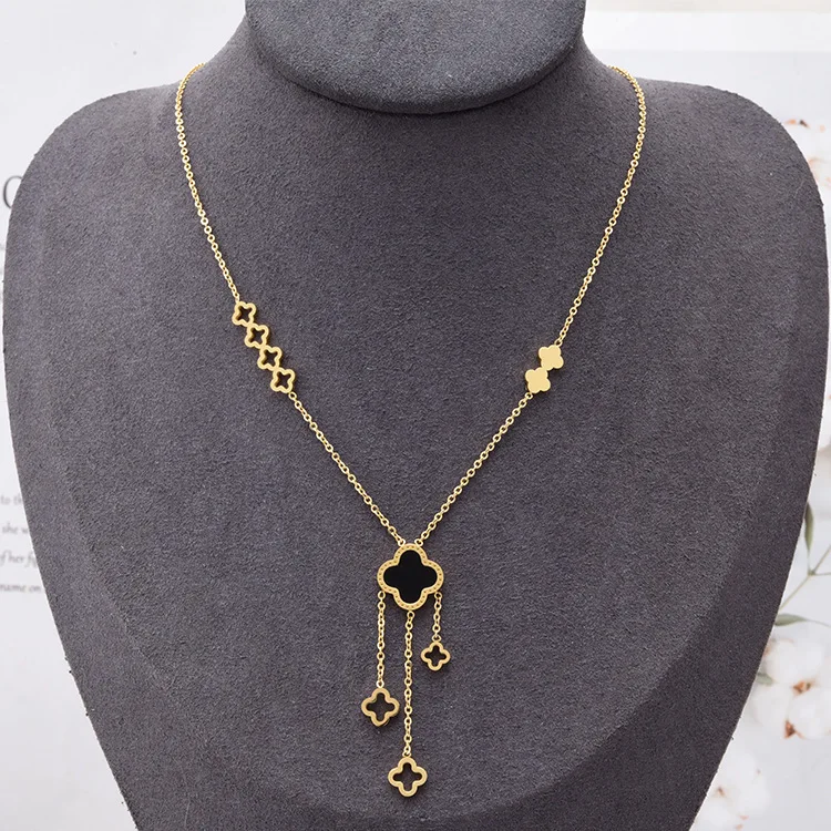 

Four Leaf Flower Titanium Steel Necklace Black Tassel Pendant Stainless Steel four leaf clover necklace jewelry