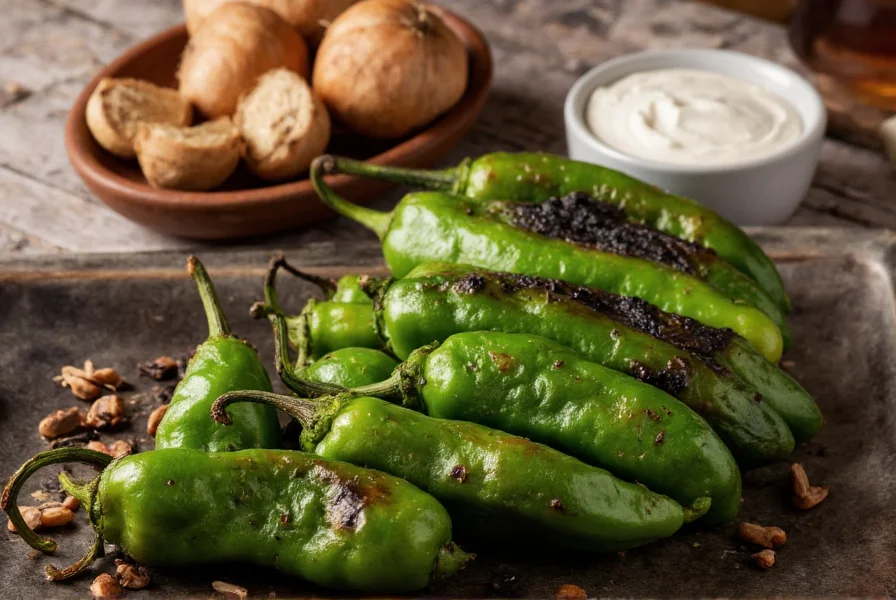 Fresh poblano peppers roasting over open flame, charred skin visible, with cream and garlic ingredients arranged nearby