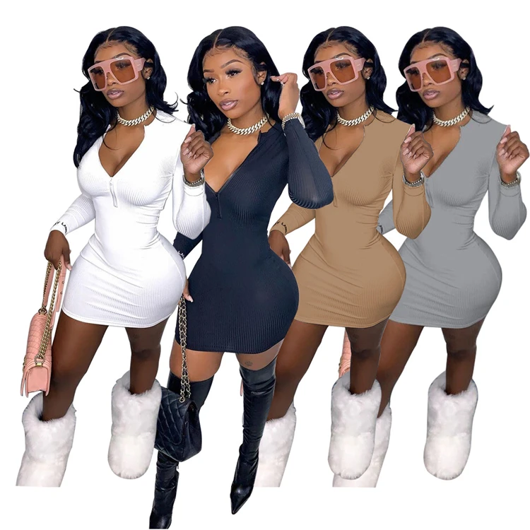 

DUODUOCOLOR Solid color embroidery zipper tight v neck summer clothing long sleeve sexy club short dress 2021 D97756