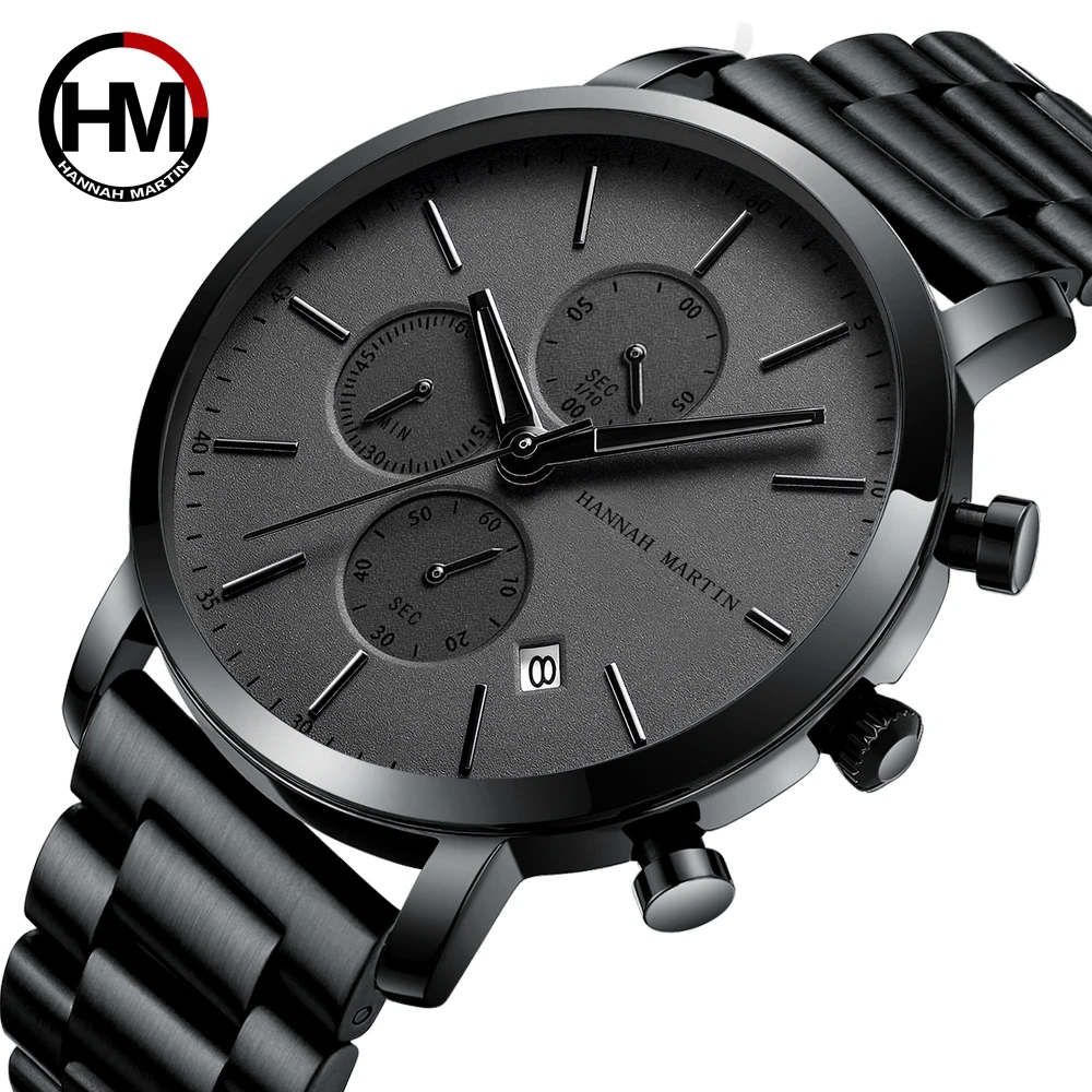 

Hannah Martin 109 Luxury Brand Men Stainless Steel Strap Black Color Quartz Analog Watches 3ATM Waterproof Chronograph Watches