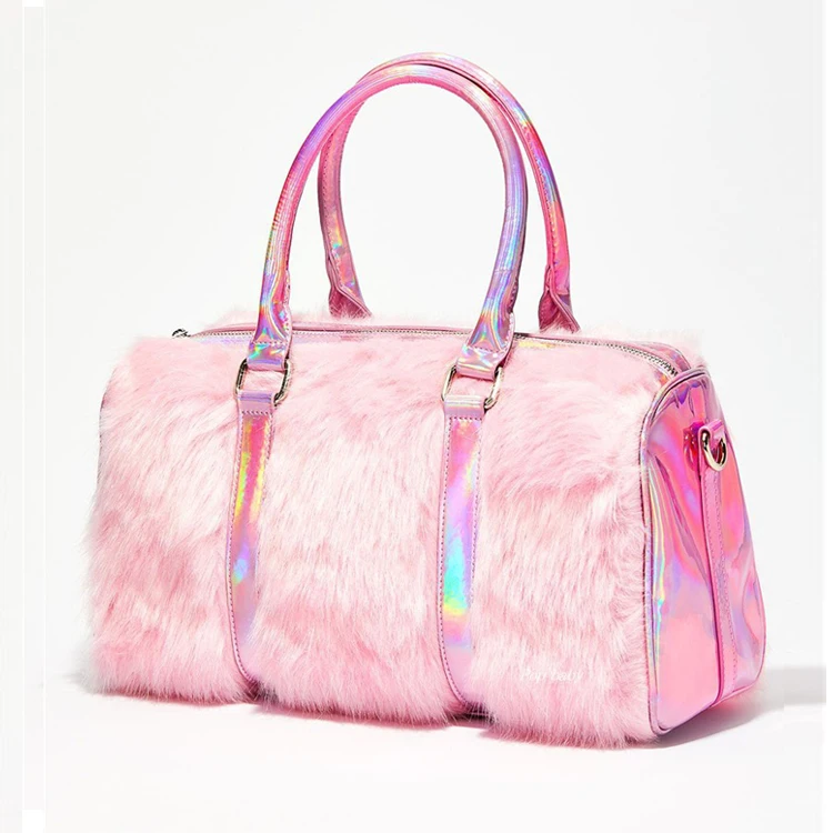 

2020 Winter Fashion Holographic Laser Pu Pink Fur Duffel Bag Ladies Plush Travel Duffle Bag For Women