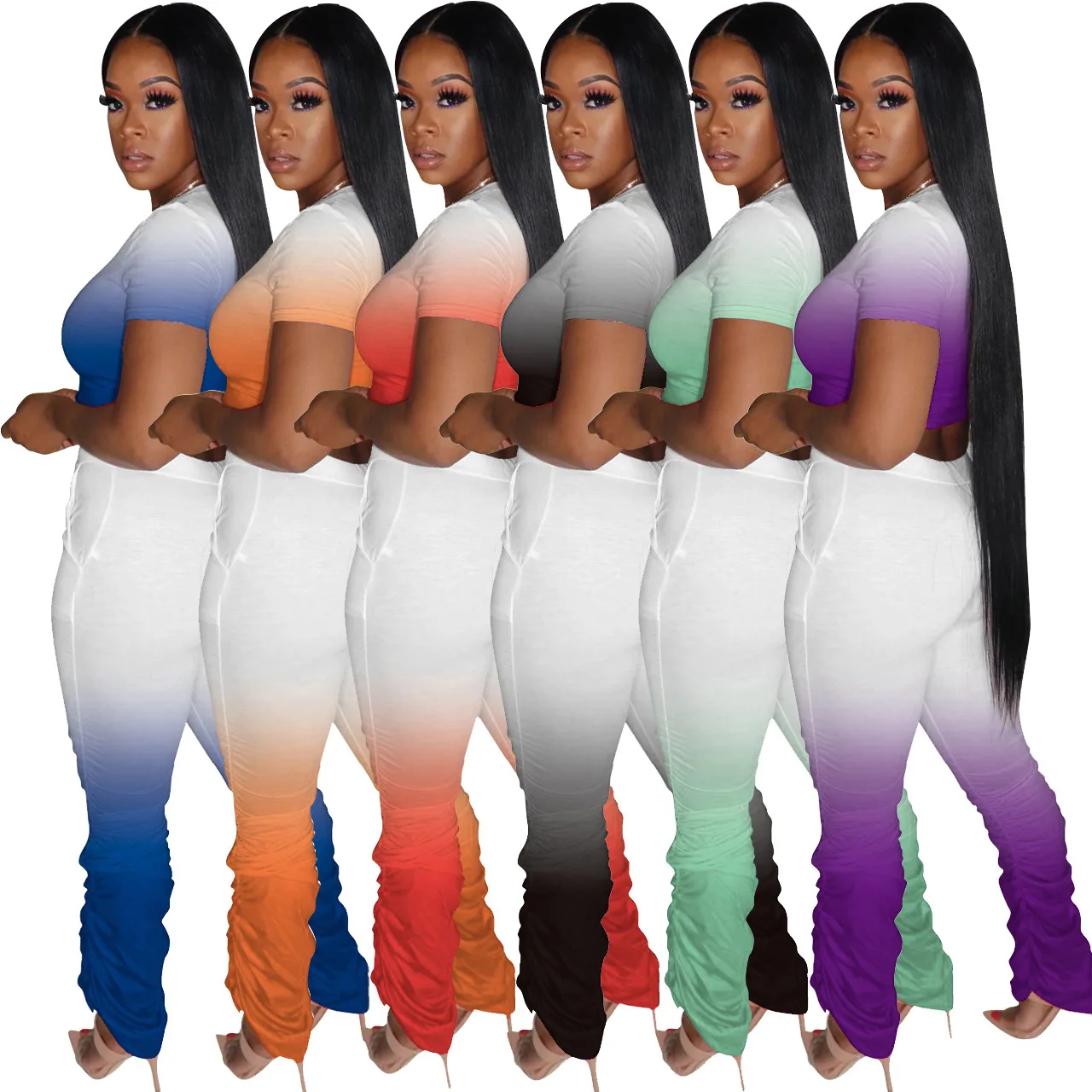 

Wholesale Woman Clothing Casual Solid Short Sleeves Two Pcs Set with Long Pants Pencil Pants High Waist Skinny Sexy & Club Satin