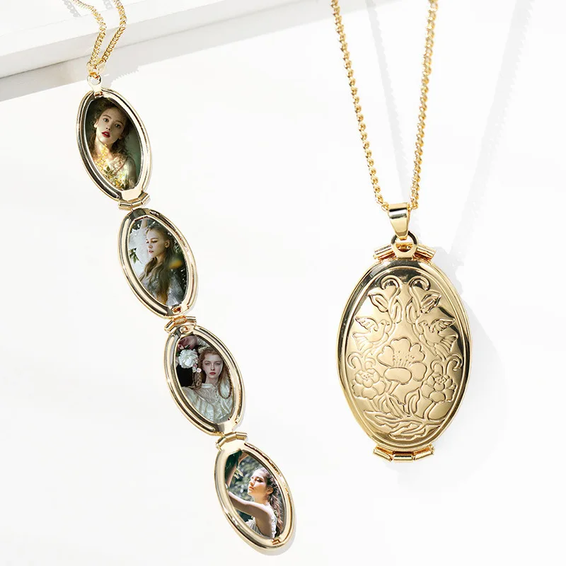 

Oval Carved Locket Pendant Necklace Women's Opening Photo Box Jewelry, 1 color