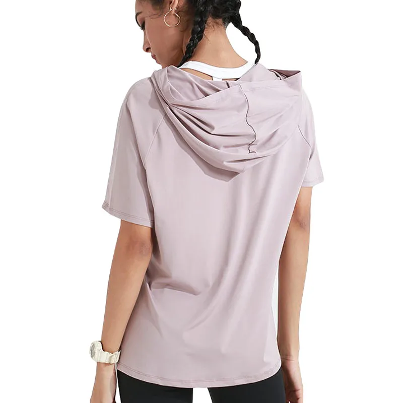 

Women's Short Sleeve Loose Quick-Dry Active Sport Bodybuilding T-Shirt with Hoodie