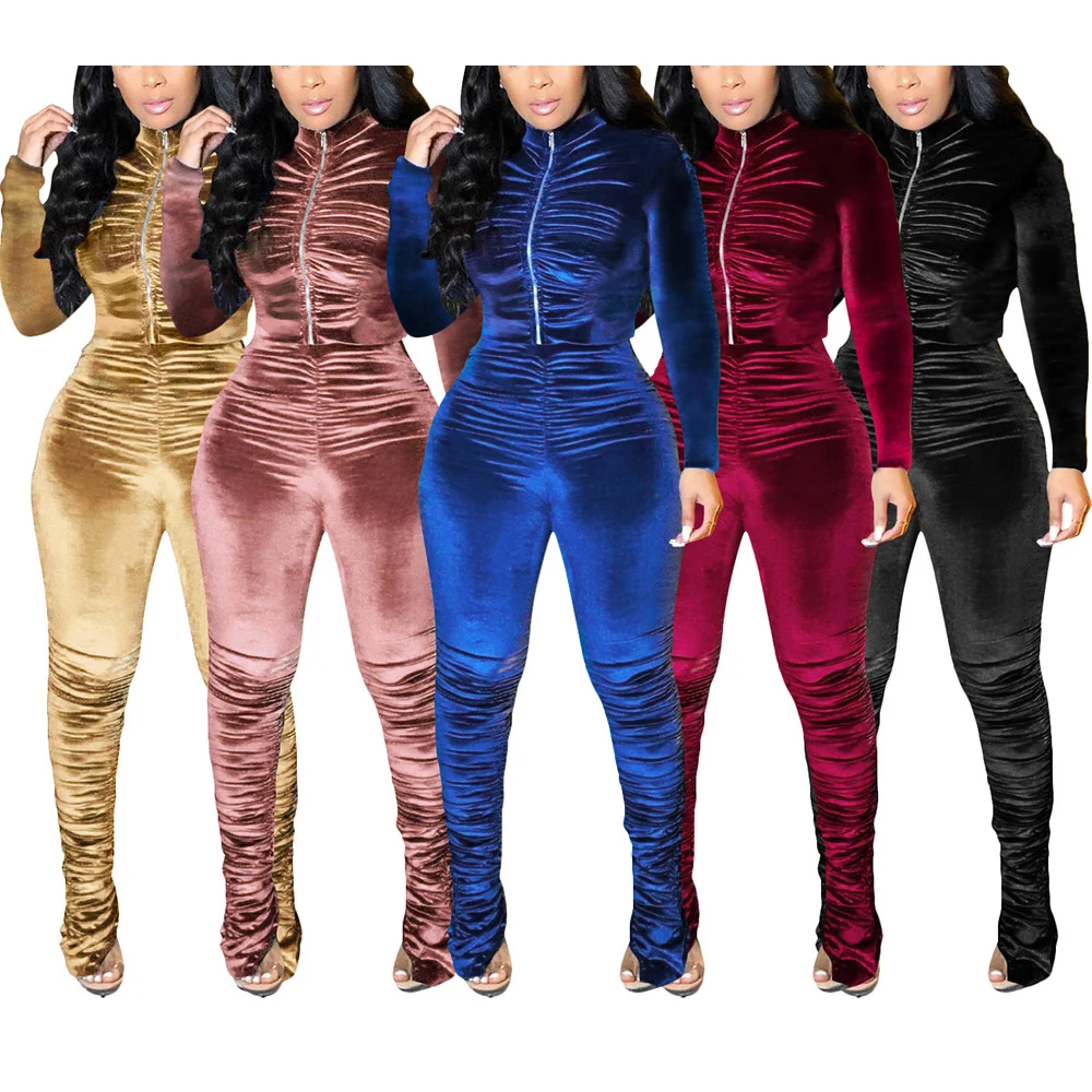 

FS2329D Tracksuit Outfit Hot sale women long sleeve jacket and stacked pants Two Piece Sets wear