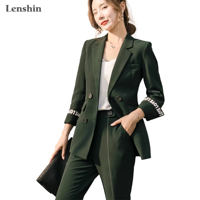 

Lenshin Two Pieces Set Fashion Pant Suit Double Breasted Two Pockets Contrast Sleeve Alphabet Pattern Blazer with Flare Trouser, White, green, black