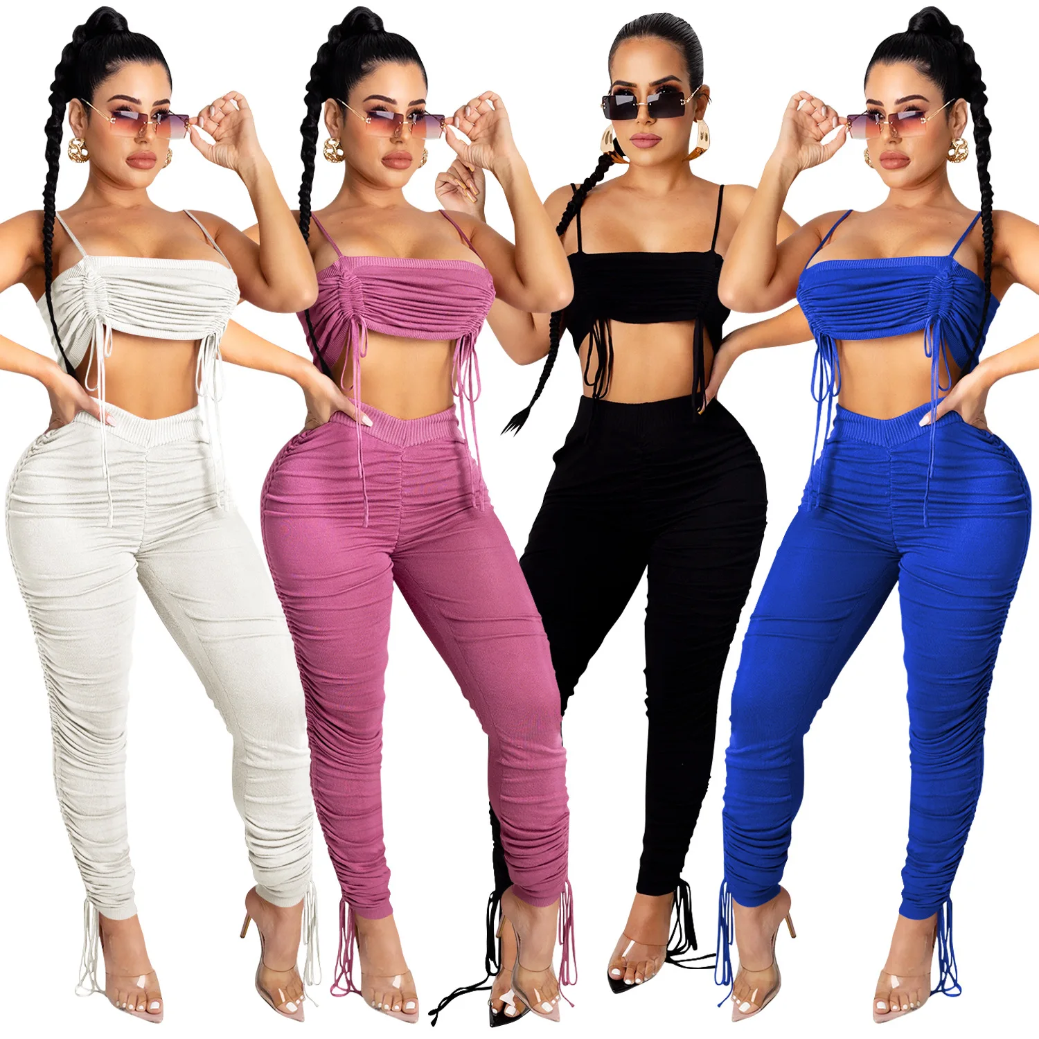 

2021 New Arrivals Women Spaghetti Girdle Sleeveless Vest Pleated Pants 2 Pieces Set Side Drawstring Stacked Outfits Jumpsuit, Customized color