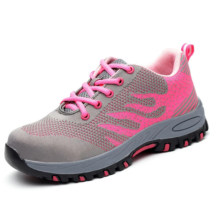 

Casual Breathable Flying Woven Rubber Sole Anti Smashing Anti Piercing Sports Safety Shoes For Women, Pink