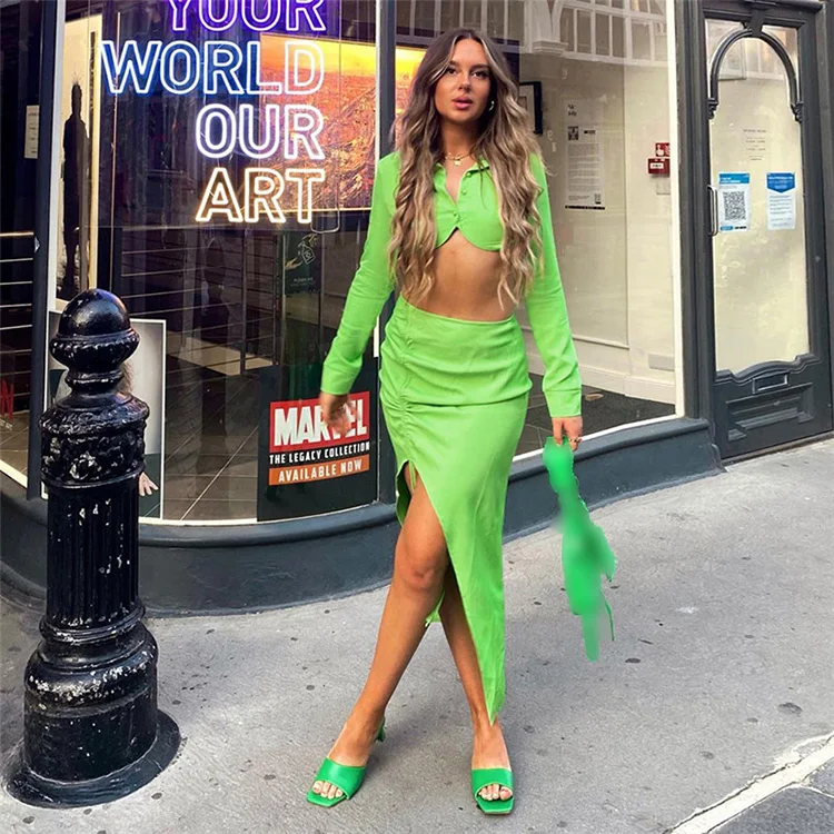 

Stylish Fall Green 2 Piece Set Skirts Women Fashion Outfits Comfortable Long Sleeve Crop Top And Long Skirt Sets