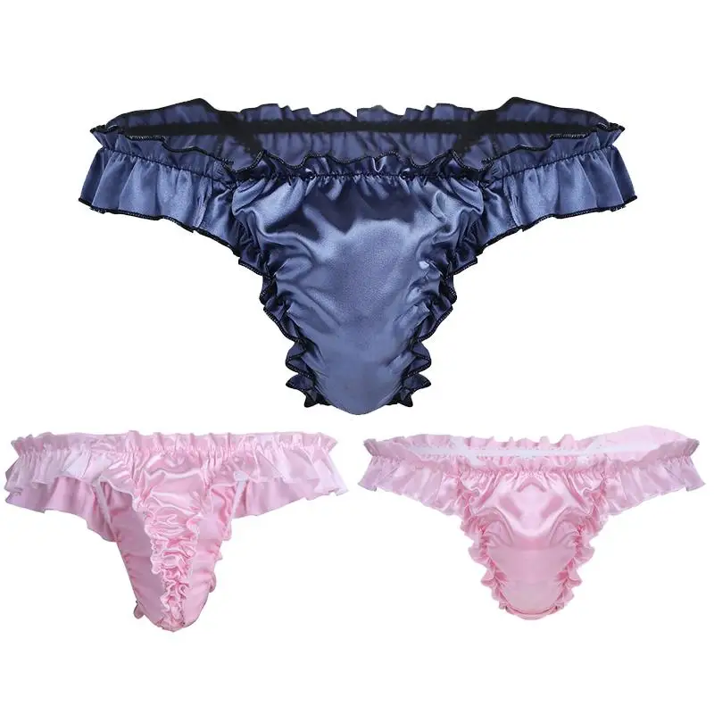 

iEFiEL Mens Satin Ruffled Frilly Pouch Sexy Underwear Lingerie Low Rise Sissy Panties Thong Crossdresser Underwear