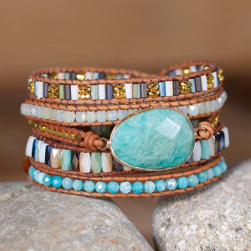 

Handmade Amazonite Bracelet Women Natural Stones Wrap Bracelet 5 Layers Leather bead Bracelet Femme Jewelry BFF Gifts Wholesale