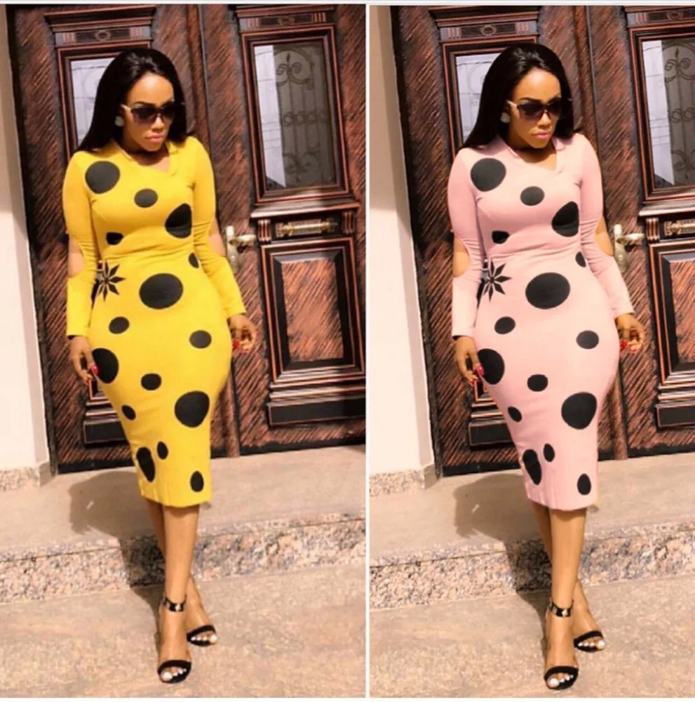 

Slinky Long Sleeve African Polka Dot Pencil Dress