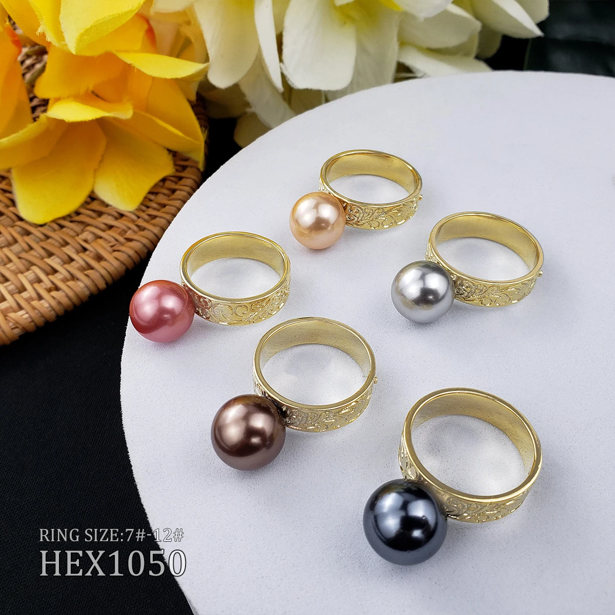 

Hawaiian flower engraved gold rainbow pearl rings jewelry women READY TO SHIP