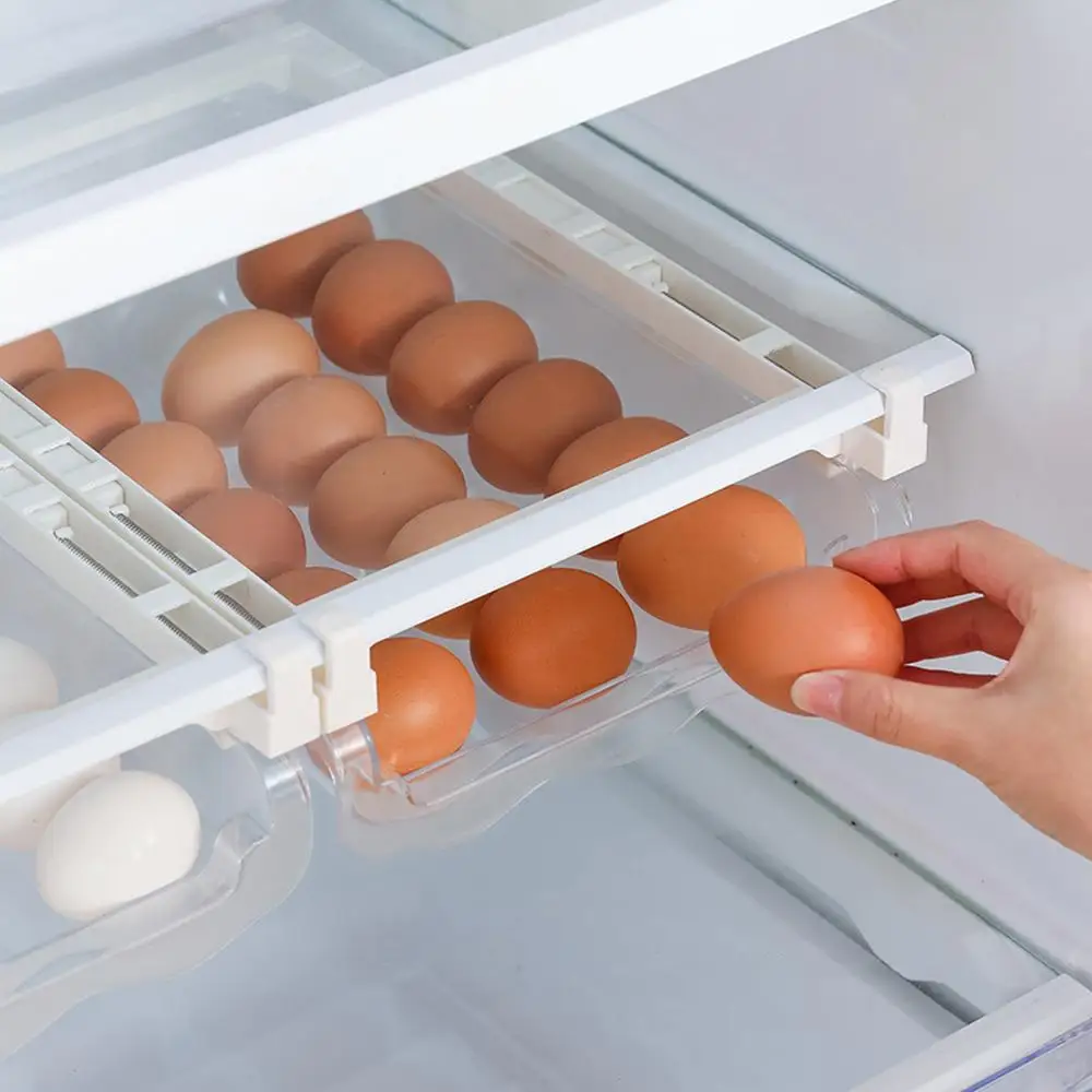 

Adjustable Kitchen Egg Organizer Storage Ra Box Fridge Freezer Shelf Holder Pull-out Drawer Space Saver, White