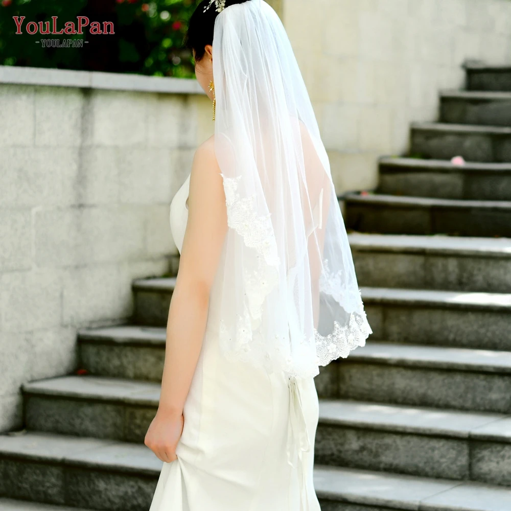 

YouLaPan V96 White Soft Tulle Pearl Short Wedding Dress Bride Finger Long Veil Hair Ornaments Princess Flower Yarn, Ivory/white