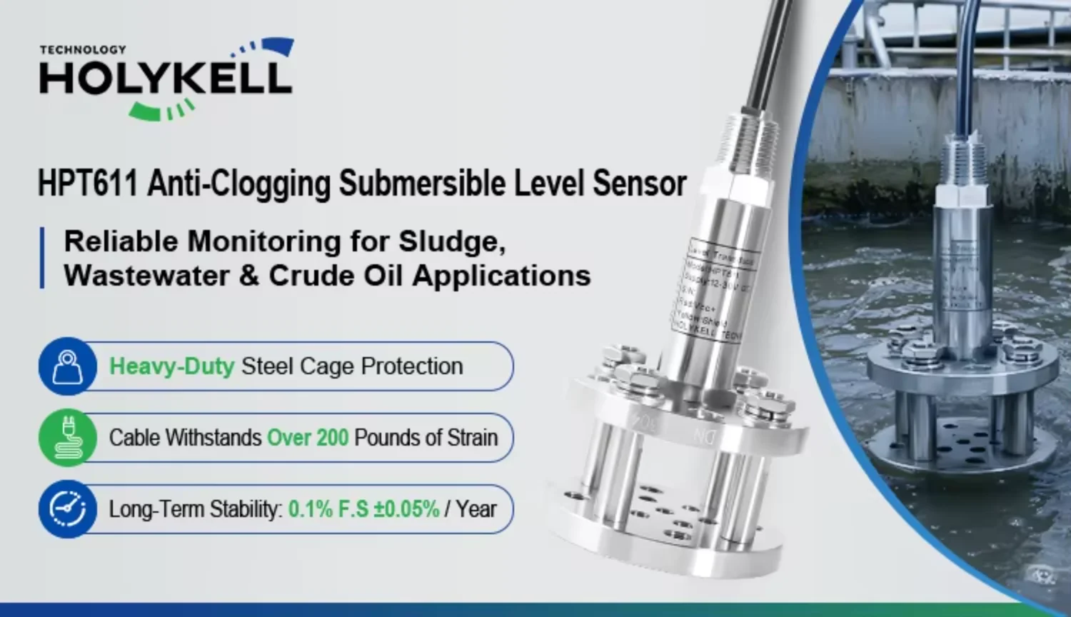 Holykell Anti-clogging Submersible Level Sensor Level Transmitter for Sewage and Industrial Waste Water