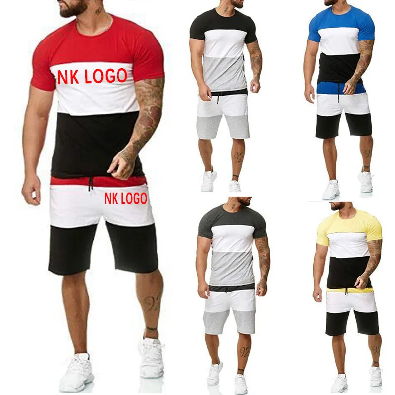 

Mens Clothes Summer Patchwork Tracksuit loose colorblock tracksuit 2 Piece Sports Workout Clothing Men Set Tshirt And Shorts Set, Pictures showed