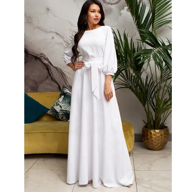 

8657 Plain Long Sleeve Round Neck Belt Lantern Sleeve Muslim Abaya Dress