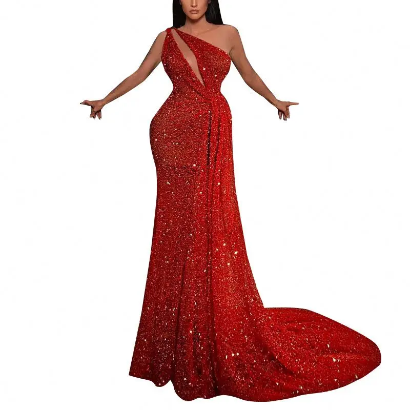 

2021 hot red Sequin tight dress one piece women's Prom Dress One Shoulder Evening Dress, Shown