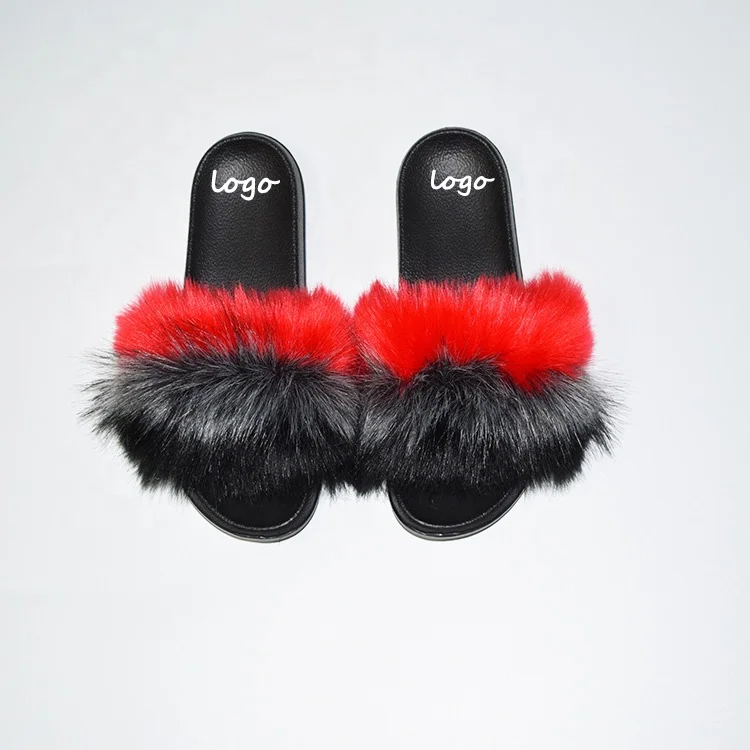 

Comfortable Style Fox Fur Fashion slippers Real Raccoon Fur sandals Custom Logo For Women designer fur slides