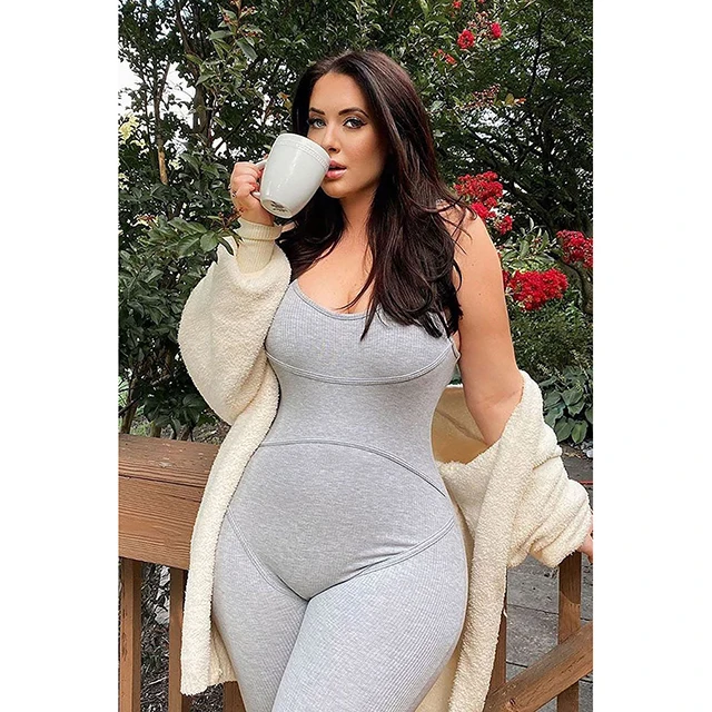 

Fashion Solid Elasticized U Neck Jumpsuit Tight Fitted Sleeveless Basic Tank Romper Casual Daily Wear Sport Clothing -SM, Gray,light gray
