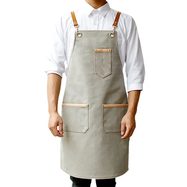 

SunYue Canvas Barista Baker Bartender BBQ Chef Uniforms Apron Denim Leather Strap Bib Apron, Can be customized