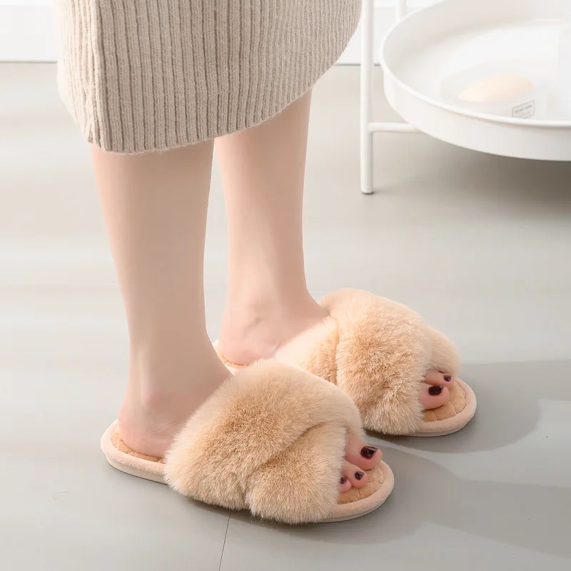 

Dropshipping Wholesale Furry Ladies Slippers Autumn Plush Ladies cross strap Fluffy Slippers fur indoor slides slippers