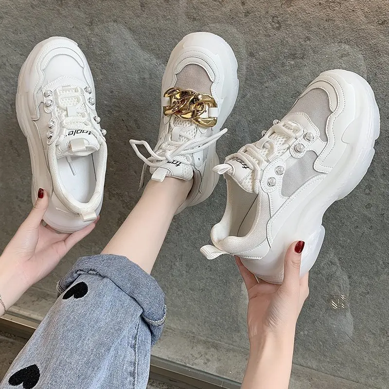 

2021 New Arrivals Spring Summer Girls Mesh Vamp Breathable Platform Sneakers Rubber Sole Casual Shoes, White