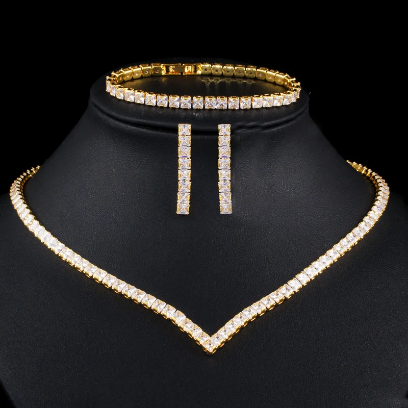 Top Quality Classic Princess Cut Cubic Zircon Women Luxury Wedding Necklace Earrings and Bracelet 3 Pcs Jewelry Sets for Party