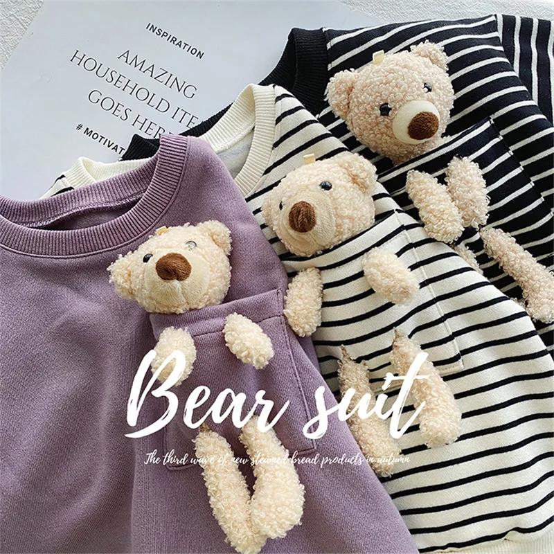 

New Boutique spring autumn toddler Girls 2 pcs cartoon doll bear sweatshirt sport clothing set, Picture shows