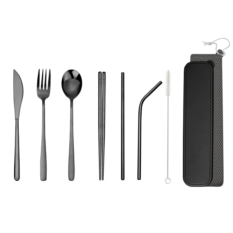 

Portable Travel Stainless Steel Cutlery wedding party knife Fork Spoon Straws Flatware 7PCS Set