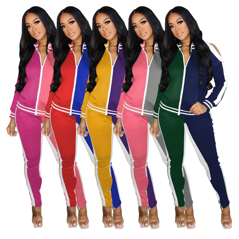 

EB-20220909 Winter Two Piece Pants Set Fashion Contrast Stitching Fitted Track Suits for Women