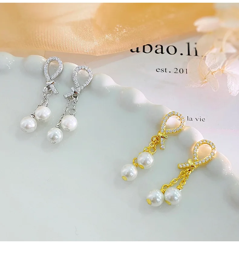 NEW Fashion Jewelry 925 Sterling Silver Knot the Rope Zircon Long Tassel Chain Pearl Gold Plated Stud Earring Jewelry for Women